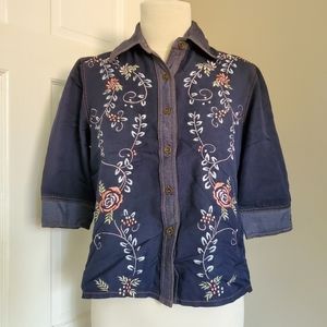 Western flower shirt embroidered denim chambray blouse size small vintage button